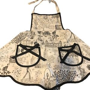JS Home Retro Black White Bib Apron Neck Waist Tie Scalloped Hemline